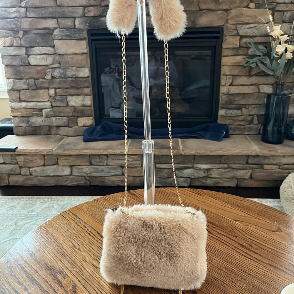 Women’s Soft Lux Faux Fur Crossbody or Shoulder Bag with Gold Chain Flower Charm